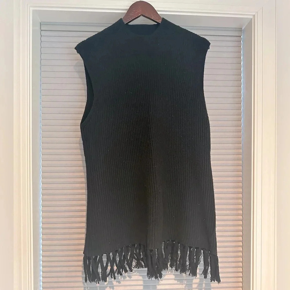 Milly black, knit, fringe-hem tunic